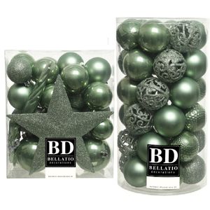 70x stuks kunststof kerstballen met ster piek salie groen mix