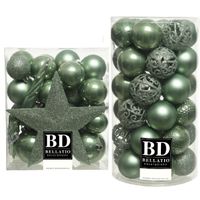 70x stuks kunststof kerstballen met ster piek salie groen mix