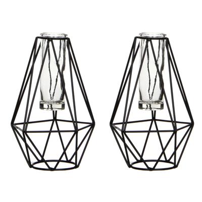 Mica Decorations Vaas - 2x stuks - zwart - metaal - diamant vaasje met glas - 11x10x17 cm