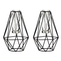 Mica Decorations Vaas - 2x stuks - zwart - metaal - diamant vaasje met glas - 11x10x17 cm