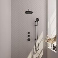 BRAUER Stripe Thermostatische Inbouw Regendouche - SET 11 - 25cm douchekop - gebogen muurarm - 3-standen handdouche - doucheslang - geïntegreerde glijstang - mat zwart 5-S-385