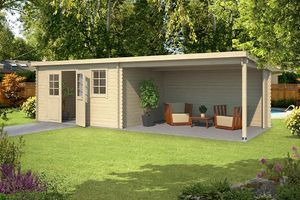 Outdoor Life Aida Blokhut 400x295 cm + overkapping 390 cm vuren blank- Lessenaarsdak- Onbehandeld vurenhout- Outdoor Life