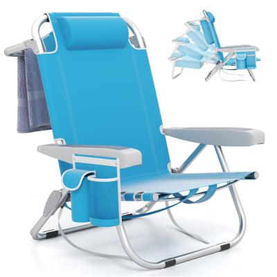 Strandstoel met Verstelbare Rugleuning 5-Standen Opvouwbare Ligstoel met Bekerhouder Opbergvakken Schouderriemen Blauw