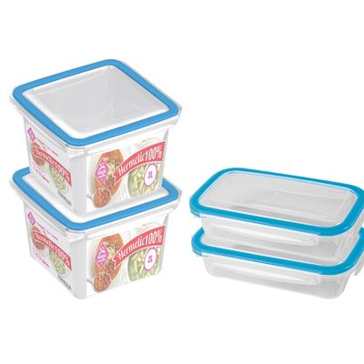 4x Voorraad/vershoudbakjes 0,5 en 2 liter transparant/blauw