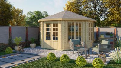 Tuindeco Lynn Blokhut 438x438 cm 44 mm vuren blank- Puntdak- Onbehandeld vurenhout- Tuindeco