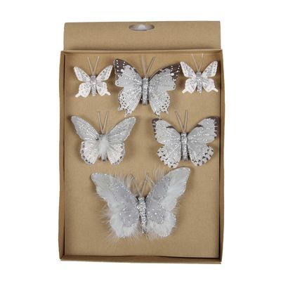 6x stuks Decoratie vlinders op clip grijs 5, 8, 12 cm