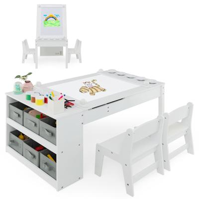 Multifunctionele Kunst Tafel en Stoel Set voor Kinderen Activiteit Bureau met Lift-Up Lade Papierrol Verf Bekers en 6 Opbergbakken Wit