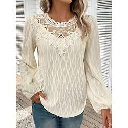 Dames Blouse Geklede topjes Effen Kleur Kant Dagelijks Elegant Pofmouw Lange mouw Strakke ronde hals Beige Lente Herfst Lightinthebox