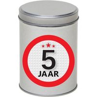 Zilver bewaarblik/opbergblik 13 cm met 5 jaar sticker - Cadeaudoosjes