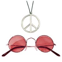 Hippie Flower Power Sixties verkleed set - peace ketting met rode party bril