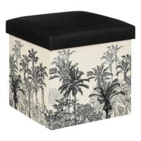 Poef/krukje/hocker Palmtrees - Opvouwbare zit opslag box - creme wit/zwart - D39 x H39 cm