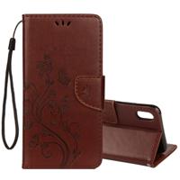 Reliëf Butterfly patroon horizontale Flip lederen draagtas met kaartsleuf & houder & portemonnee & Lanyard voor iPhone XR (bruin)