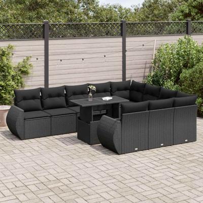 11-delige Loungeset met kussens poly rattan zwart