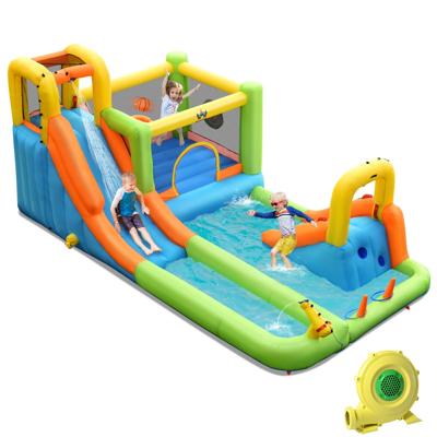 Springkasteel met 680 W Ventilator Basketbalmand Ringwerpspel Waterpark voor Buiten incl. Opblaasbare Basketbal Draagtas Reparatieset