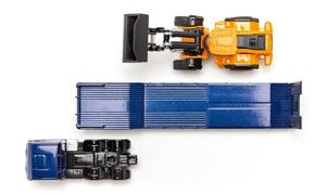 Siku MAN Vrachtwagen met dieplader en JCB-shovel 1:87 metaal/kunststof blauw/geel opklapbare oprijplaat beweegbare arm