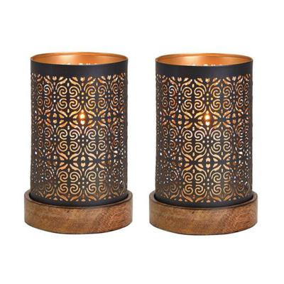 Waxinelicht/theelicht houders Maroc - 2x - koper/zwart - op houten voet - 18 x 10 cm