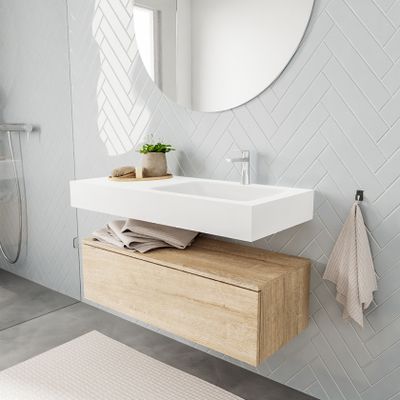 Mondiaz Alan badmeubel 100 cm washed oak 1 lade vrijhangend wastafel rechts 1 kraangat wit