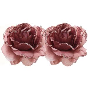 2x Kerstboomversiering/kerstornamenten oudroze rozen op clip 14 cm - Kunstbloemen