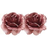 2x Kerstboomversiering/kerstornamenten oudroze rozen op clip 14 cm - Kunstbloemen - thumbnail