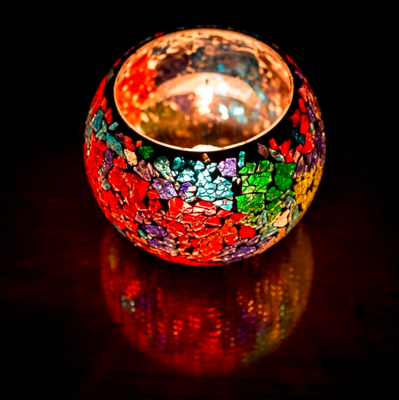 Oosterse waxinehouder crackled glass - bol multi-colour in 2 maten