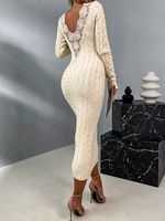 Elegant V Neck Lace Back Sweater Dress - thumbnail