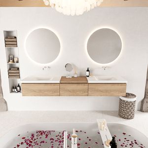 MONDIAZ BUKLA 220cm badmeubel met module 60 kleur Washed Oak met 3 lades. Wastafel CLOUD dubbel 0 kraangaten kleur Talc.