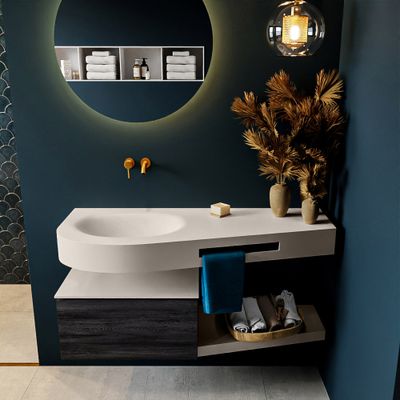 MONDIAZ RIVA 120cm badmeubel onderkast / planchet kleur Antracite met 1 lade. Wastafel DULCET links 0 kraangaten kleur Linen.