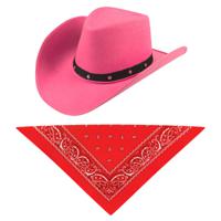 Carnaval verkleedset cowboyhoed Billy Boy - roze - met rode hals zakdoek - voor volwassenen