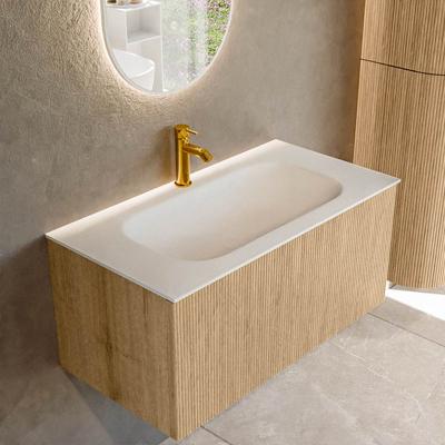 Mondiaz KURVE 90 cm Onderkast Greeploos 1 Lade Zonder Deuren Oak, Wastafel Solid Surface Midden Talc 1 Kraangat Zonder Spiegel (KRVBGS901L0D1KM-Oak/Tal)