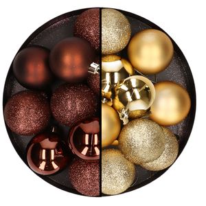 24x stuks kunststof kerstballen mix van donkerbruin en goud 6 cm