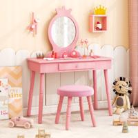 Kinderkaptafelset Kinderkaptafel Make-uptafel met Kruk en Verwijderbare Spiegel Make-up Kaptafel Roze Kinderkaptafelset Kinderkaptafel Make-uptafel met Kruk en Verwijderbare Spiegel Make-up Kaptafel Roze