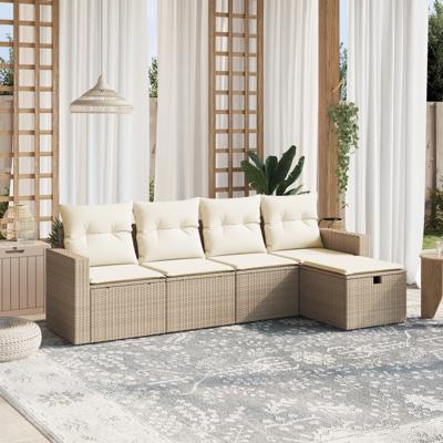 5-delige Loungeset met kussens poly rattan beige