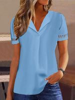 Women's Short Sleeve Shirt Summer White Plain Eyelet Shawl Collar Daily Going Out Simple Top - thumbnail