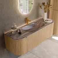 Badmeubel Mondiaz Kurve-Dlux | 140 cm | Meubelkleur Oak | Wastafelkleur Sombra | Solid surface | Wasbak midden spoelbak | 1 kraangat
