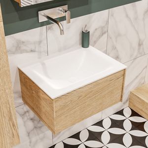 Mondiaz Lush Cloud badmeubel eiken licht 60 cm 1 lade solid surface enkele spoelbak midden zonder kraangat