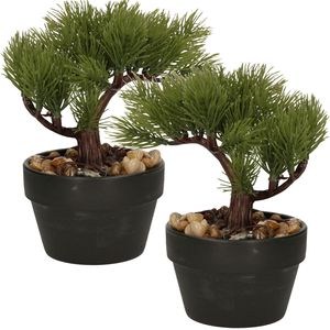 Kunstplant bonsai boompje in pot - 2x - Japans decoratie - 19 cm - Type Needle