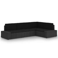 4-delige Loungeset met kussens poly rattan zwart