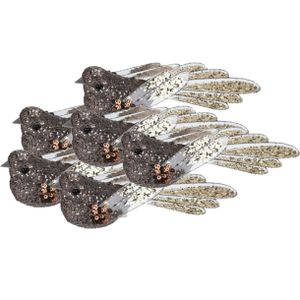 6x stuks kunststof decoratie vogels op clip bruin met pailletten 15 cm