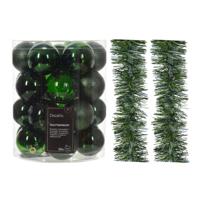 Kerstversiering set - donkergroen - kerstballen 6 cm en slingers - kunststof - Kerstbal