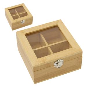 Theedoos - 2x - 4-vaks - naturel - bamboe hout - 14 x 14 x 7.5 cm - theekist - glazen kijkvenster