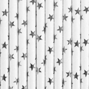 100x stuks papieren rietjes wit met zilveren sterren   -