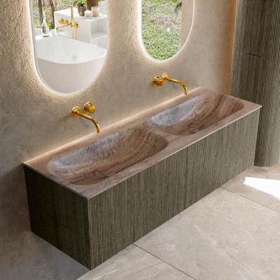 Badmeubel Mondiaz Kurve-Dlux | 140 cm | Meubelkleur Shadow | Wastafelkleur Oza | Solid surface | Wasbak beide zijden spoelbak | Zonder kraangat(en)