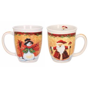 Set van 2x stuks kerstmokken sneeuwpop met zwarte hoed en kerstman met kerstsok 11 cm