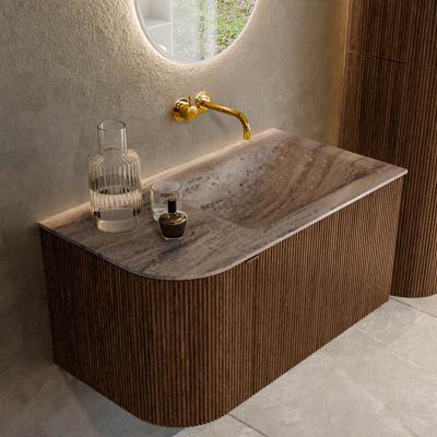Badmeubel Mondiaz Kurve-Dlux | 85 cm | Meubelkleur Walnut | Wastafelkleur Oza | Solid surface | Wasbak rechter zijde spoelbak | Zonder kraangat(en)