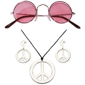 Hippie Flower Power Sixties verkleed sieraden met roze party bril