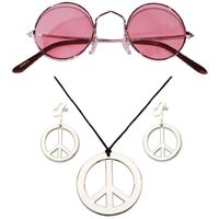 Hippie Flower Power Sixties verkleed sieraden met roze party bril - thumbnail