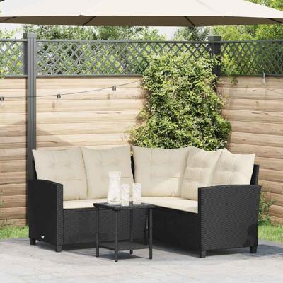 Tuinbank met tafel en kussens L-vormig zwart polyrotan