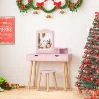 Kinder Make-Up Tafel Set 2 in 1 Kaptafel Bureau & Kruk met Afneembare Spiegel Roze