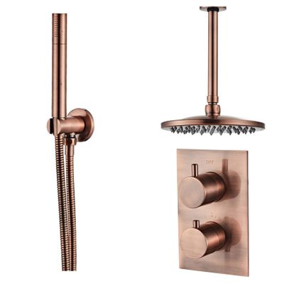 Regendouche set SaniClear Copper | Inbouw | Thermostaatkraan | 2-weg | Rond | Geborsteld koper