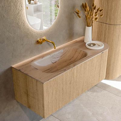 Badmeubel Mondiaz Kurve-Dlux | 115 cm | Meubelkleur Oak | Wastafelkleur Arena | Solid surface | Wasbak linker zijde spoelbak | Zonder kraangat(en)